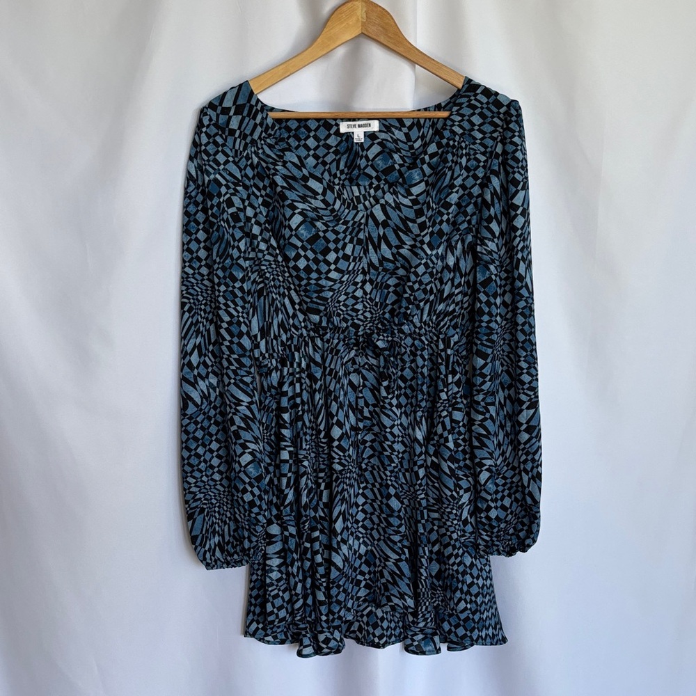 Steve Madden Women's Blue Long Sleeve Kara Dress Size L Balloon Sleeve Tie Waist